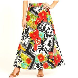 Boho Floral Patchwork Maxi Skirt – Vibrant Red Green Black White – Size S